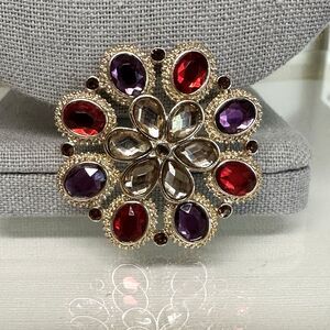 Red Purple Multicolor Rhinestone Brooch Gold Tone Beige Oval Floral Center